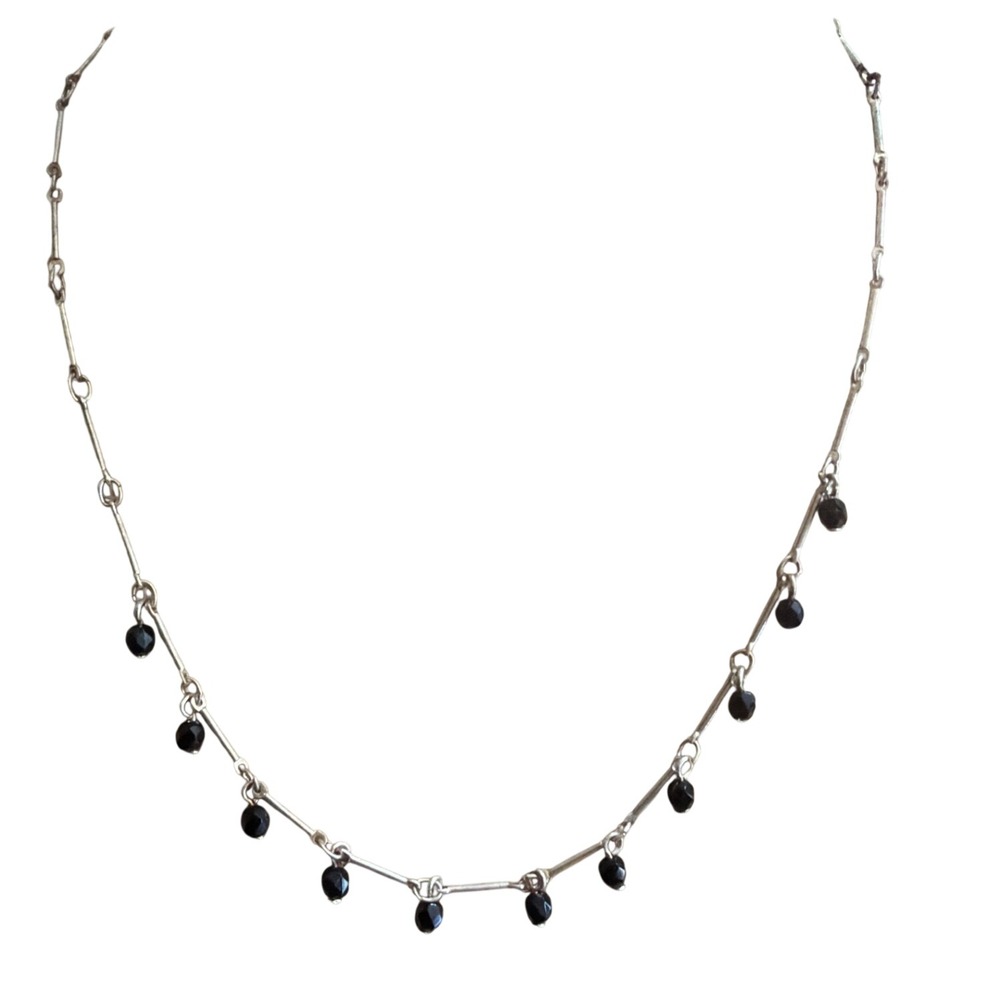 Vintage Silver Tone Bar Link Necklace Black Faceted Bead Charms Whimsigoth Layer